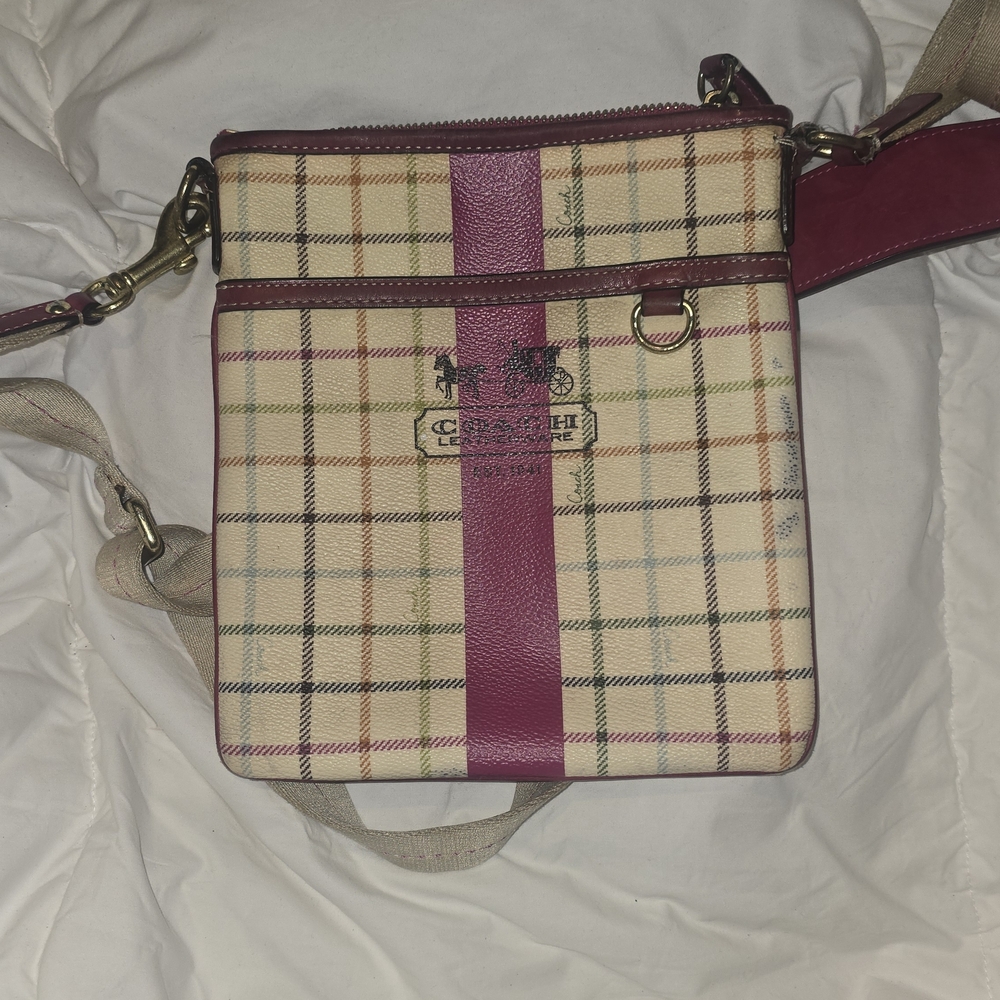 Coach Cream Plaid Crossbody with Pink Center Stripe
